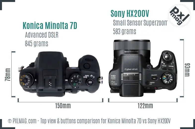 Konica Minolta 7D vs Sony HX200V top view buttons comparison