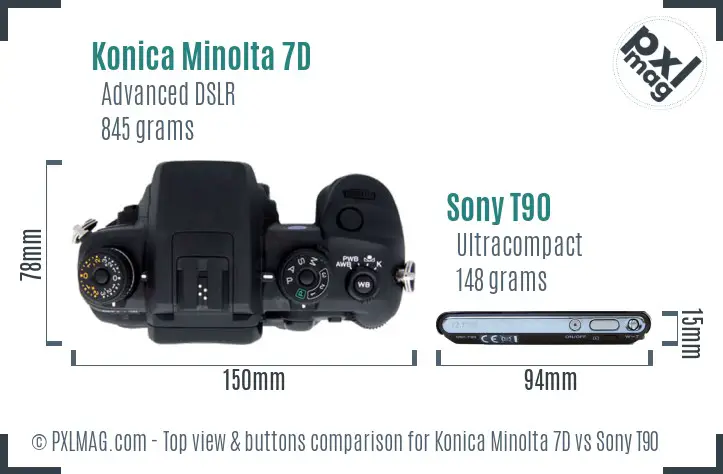 Konica Minolta 7D vs Sony T90 top view buttons comparison