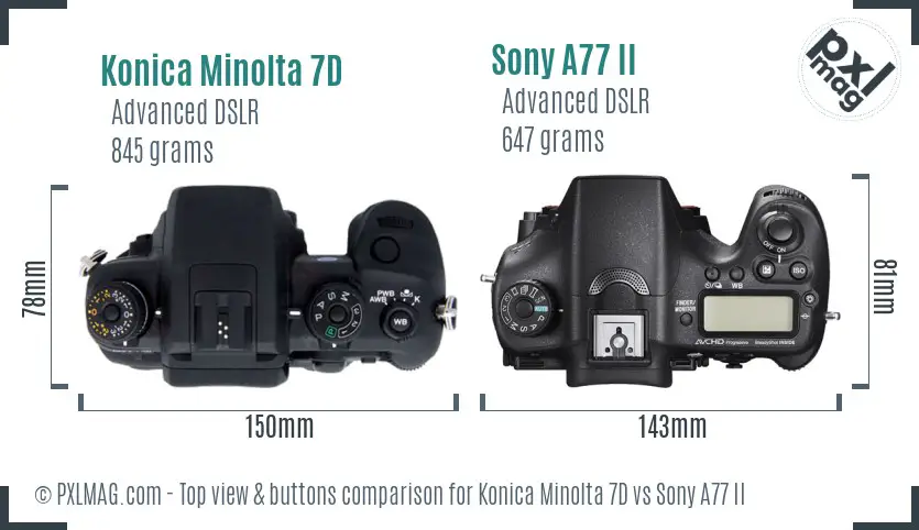 Konica Minolta 7D vs Sony A77 II top view buttons comparison