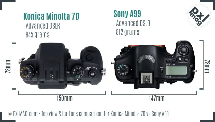 Konica Minolta 7D vs Sony A99 top view buttons comparison