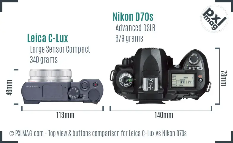 Leica C-Lux vs Nikon D70s top view buttons comparison