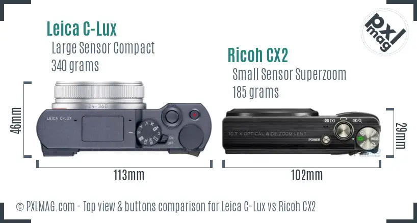 Leica C-Lux vs Ricoh CX2 top view buttons comparison