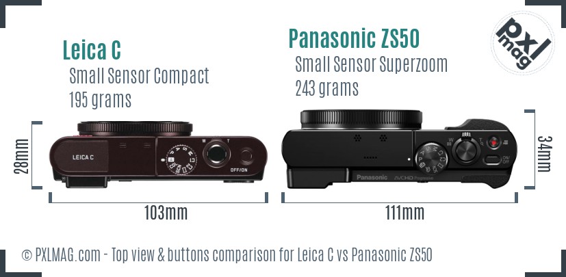 Leica C vs Panasonic ZS50 top view buttons comparison