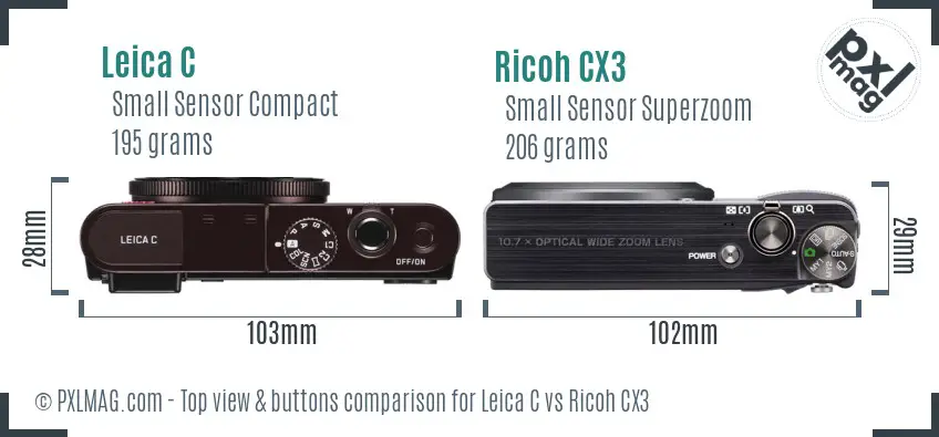 Leica C vs Ricoh CX3 top view buttons comparison