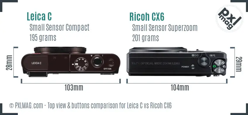 Leica C vs Ricoh CX6 top view buttons comparison Leica C vs Ricoh CX6 top view buttons comparison