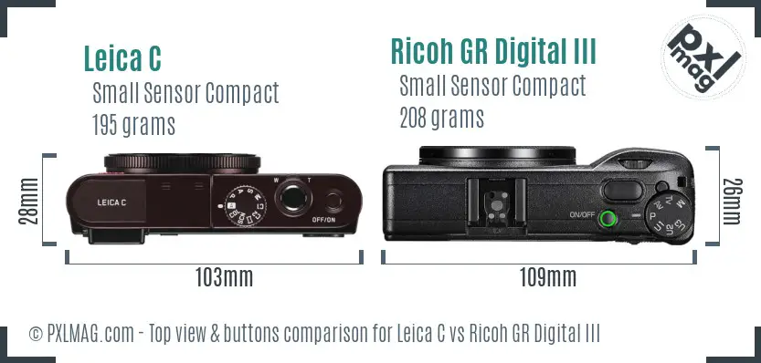 Leica C vs Ricoh GR Digital III top view buttons comparison