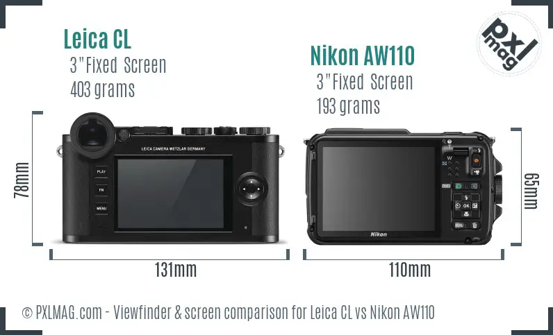 Leica CL vs Nikon AW110 Screen and Viewfinder comparison