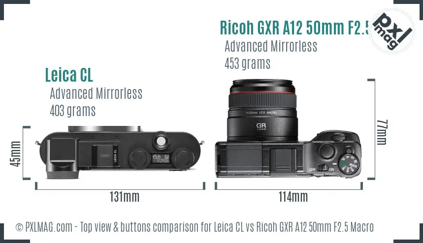 Leica CL vs Ricoh GXR A12 50mm F2.5 Macro top view buttons comparison