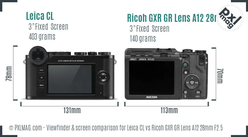 Leica CL vs Ricoh GXR GR Lens A12 28mm F2.5 Screen and Viewfinder comparison