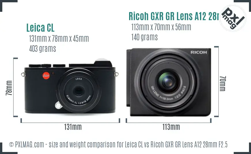 Leica CL vs Ricoh GXR GR Lens A12 28mm F2.5 size comparison