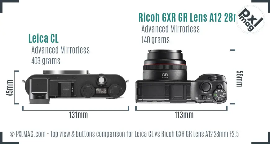 Leica CL vs Ricoh GXR GR Lens A12 28mm F2.5 top view buttons comparison