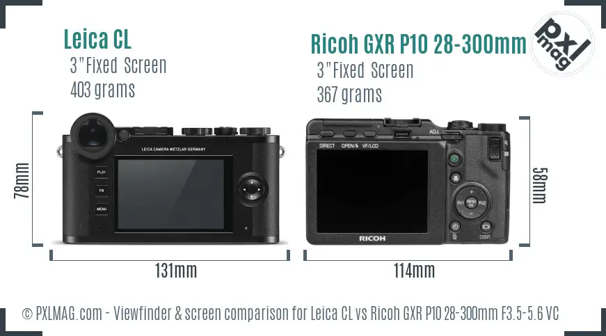 Leica CL vs Ricoh GXR P10 28-300mm F3.5-5.6 VC Screen and Viewfinder comparison