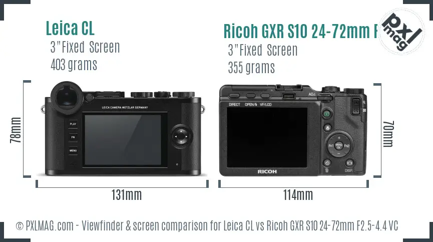 Leica CL vs Ricoh GXR S10 24-72mm F2.5-4.4 VC Screen and Viewfinder comparison