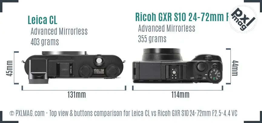 Leica CL vs Ricoh GXR S10 24-72mm F2.5-4.4 VC top view buttons comparison