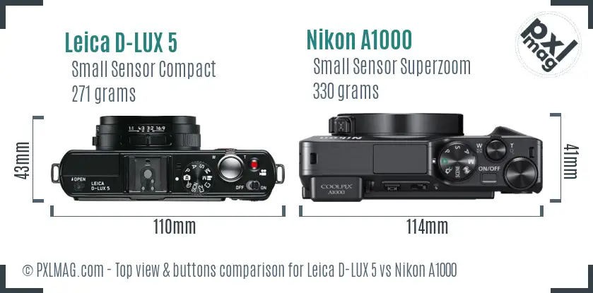 Leica D-LUX 5 vs Nikon A1000 top view buttons comparison