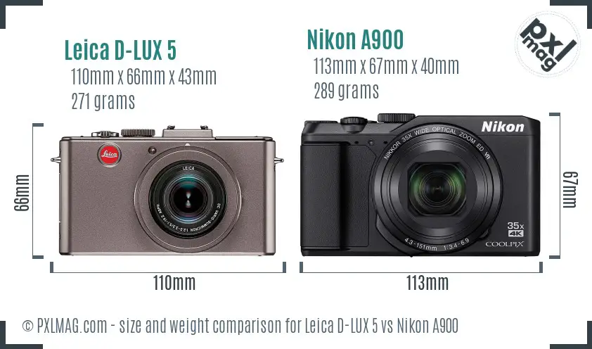 Leica D-LUX 5 vs Nikon A900 size comparison Leica D-LUX 5 vs Nikon A900 size comparison