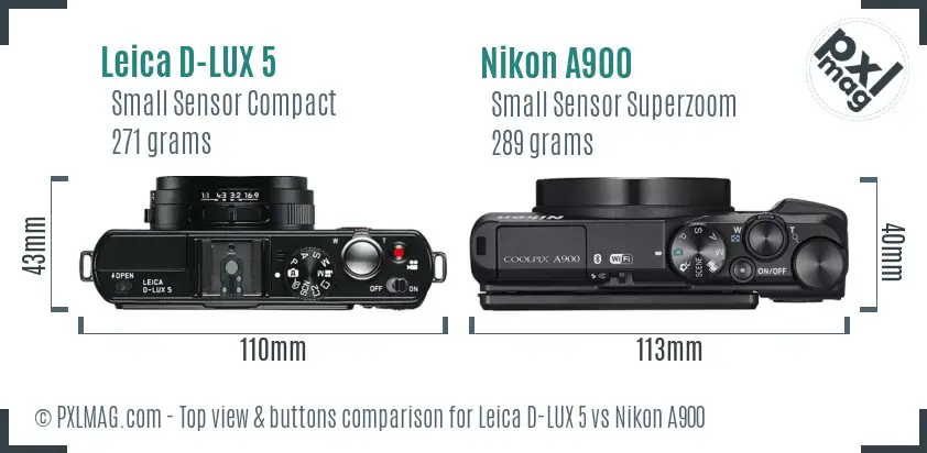 Leica D-LUX 5 vs Nikon A900 top view buttons comparison Leica D-LUX 5 vs Nikon A900 top view buttons comparison