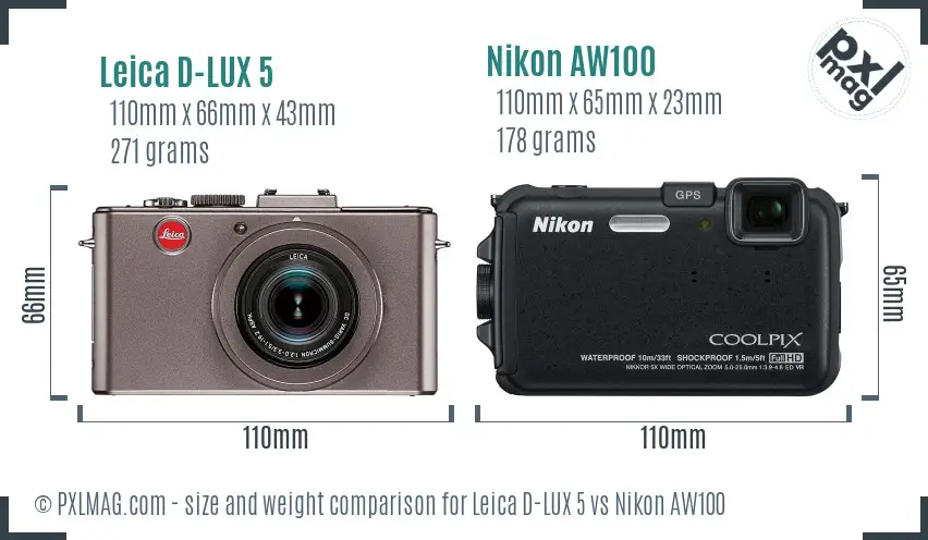 Leica D-LUX 5 vs Nikon AW100 size comparison