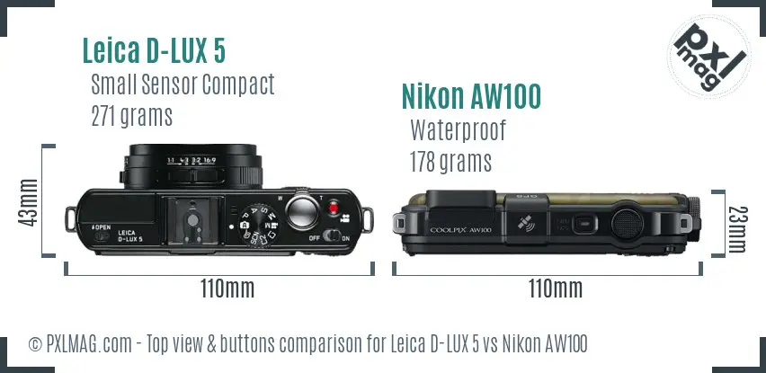 Leica D-LUX 5 vs Nikon AW100 top view buttons comparison