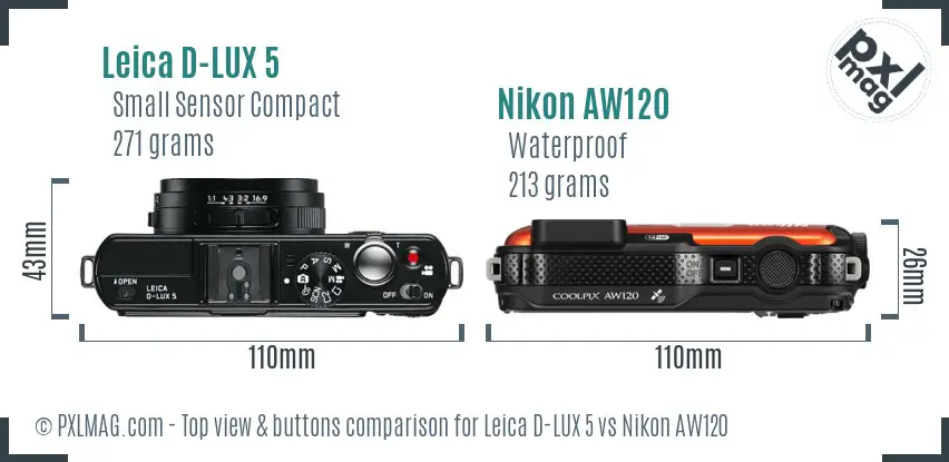 Leica D-LUX 5 vs Nikon AW120 top view buttons comparison