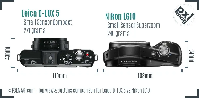 Leica D-LUX 5 vs Nikon L610 top view buttons comparison