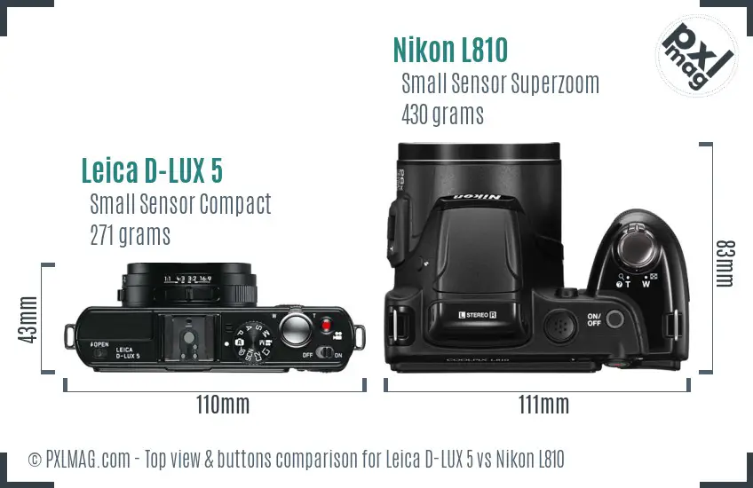 Leica D-LUX 5 vs Nikon L810 top view buttons comparison