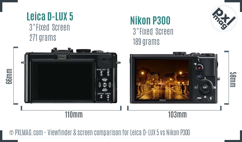 Leica D-LUX 5 vs Nikon P300 Screen and Viewfinder comparison