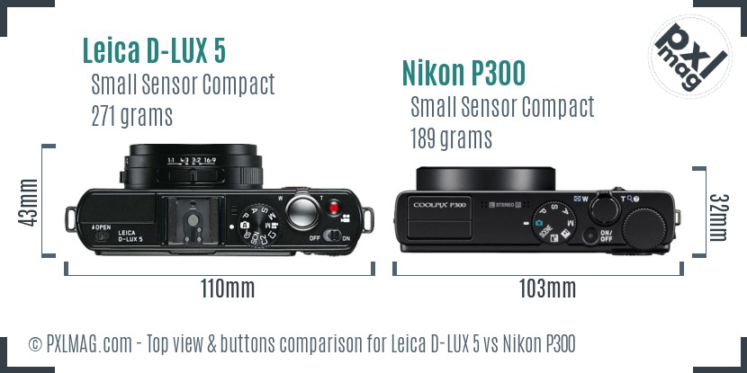Leica D-LUX 5 vs Nikon P300 top view buttons comparison