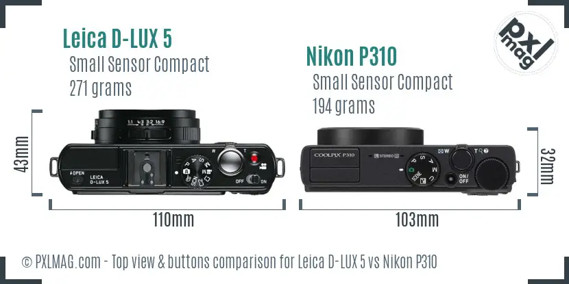 Leica D-LUX 5 vs Nikon P310 top view buttons comparison