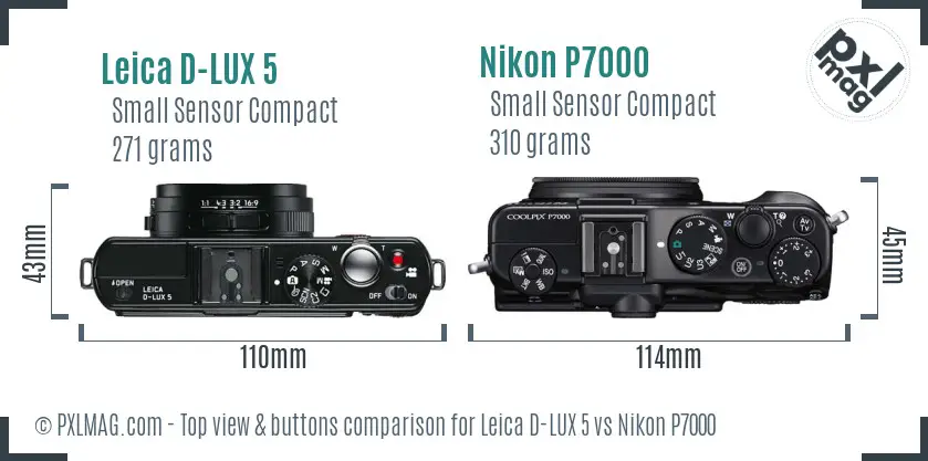 Leica D-LUX 5 vs Nikon P7000 top view buttons comparison