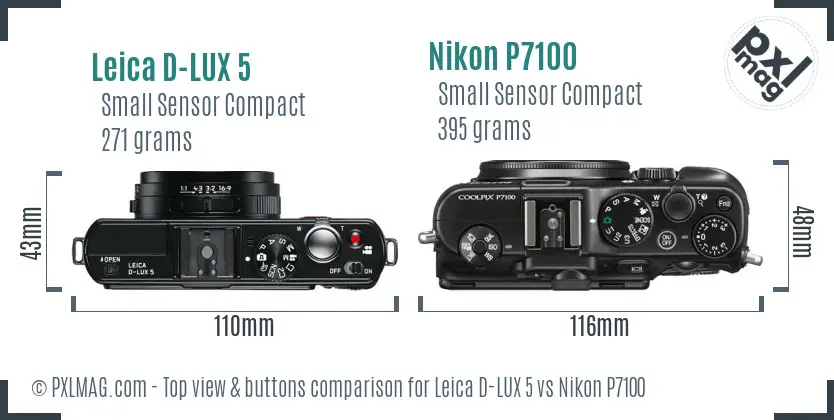 Leica D-LUX 5 vs Nikon P7100 top view buttons comparison