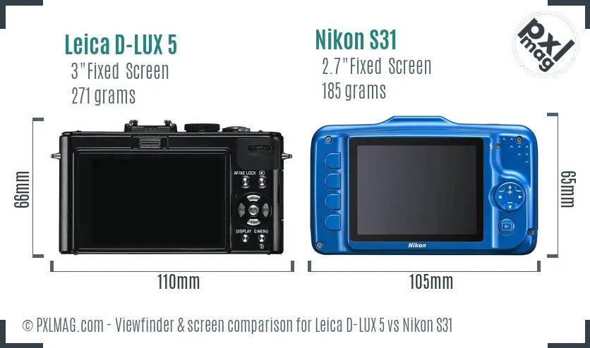 Leica D-LUX 5 vs Nikon S31 Screen and Viewfinder comparison