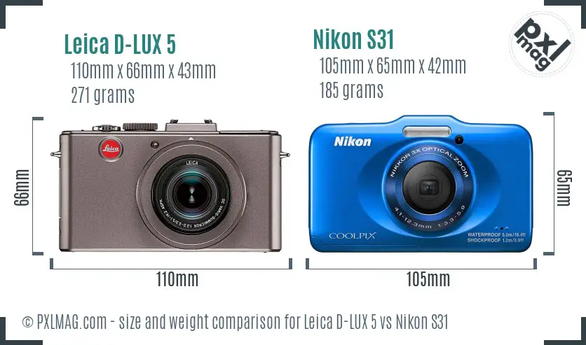 Leica D-LUX 5 vs Nikon S31 size comparison