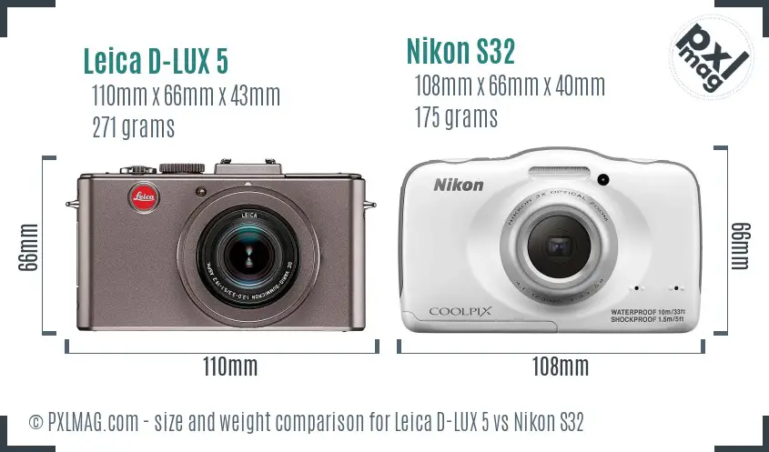 Leica D-LUX 5 vs Nikon S32 size comparison