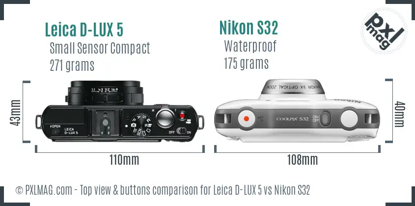 Leica D-LUX 5 vs Nikon S32 top view buttons comparison