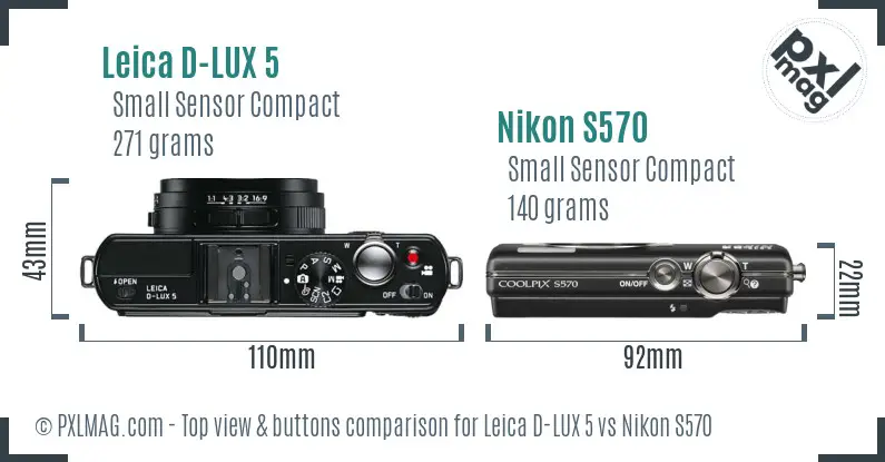 Leica D-LUX 5 vs Nikon S570 top view buttons comparison