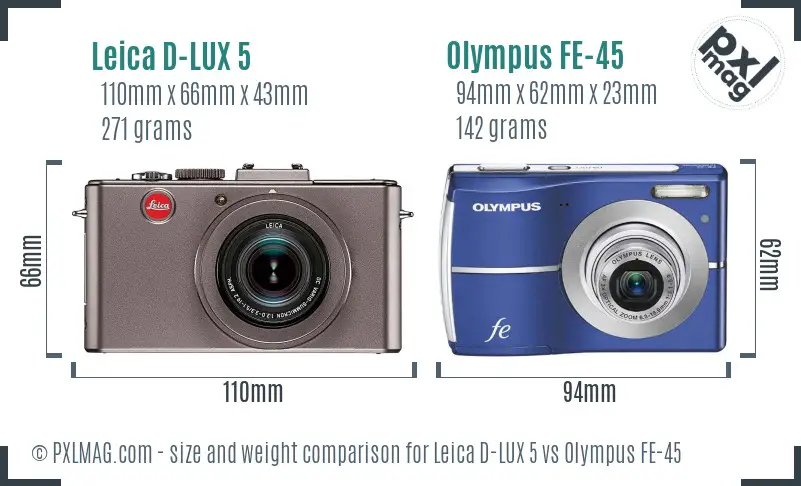 Leica D-LUX 5 vs Olympus FE-45 size comparison Leica D-LUX 5 vs Olympus FE-45 size comparison