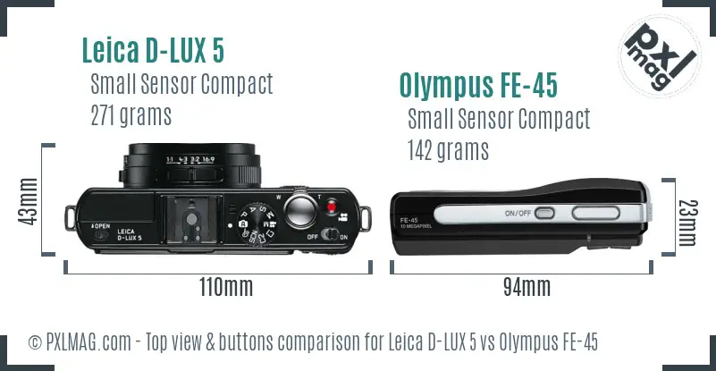 Leica D-LUX 5 vs Olympus FE-45 top view buttons comparison Leica D-LUX 5 vs Olympus FE-45 top view buttons comparison