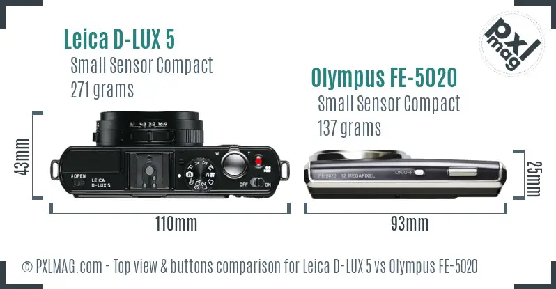Leica D-LUX 5 vs Olympus FE-5020 top view buttons comparison