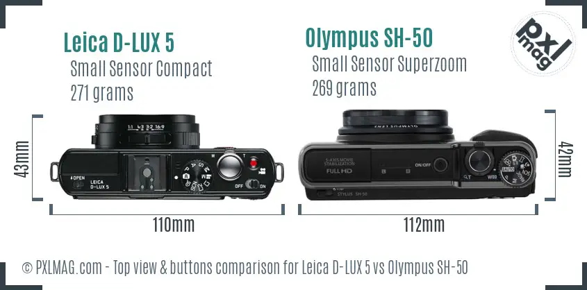 Leica D-LUX 5 vs Olympus SH-50 top view buttons comparison