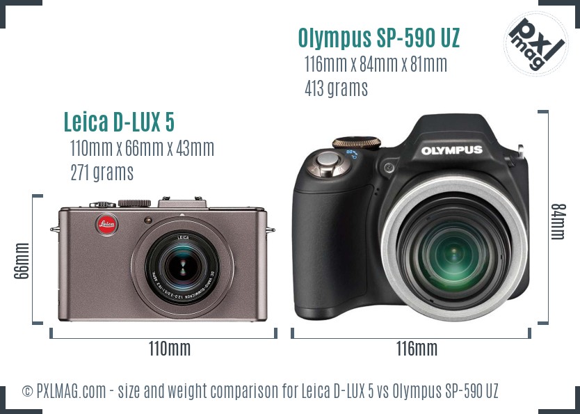 Leica D-LUX 5 vs Olympus SP-590 UZ size comparison Leica D-LUX 5 vs Olympus SP-590 UZ size comparison