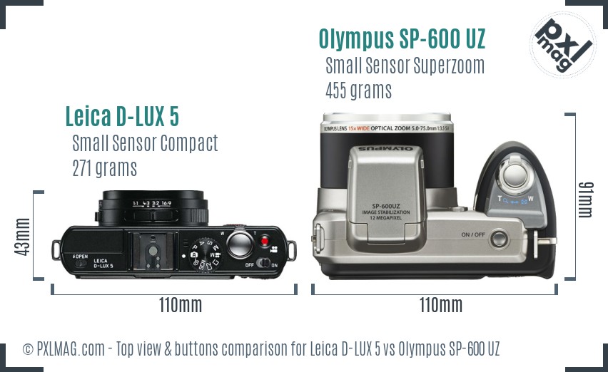 Leica D-LUX 5 vs Olympus SP-600 UZ top view buttons comparison
