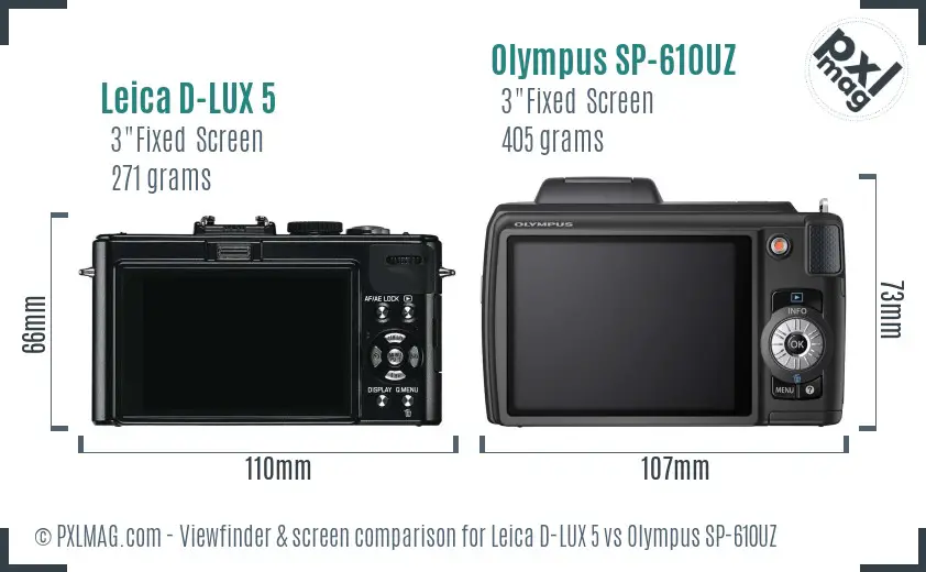 Leica D-LUX 5 vs Olympus SP-610UZ Screen and Viewfinder comparison