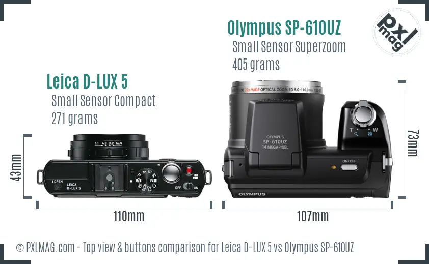 Leica D-LUX 5 vs Olympus SP-610UZ top view buttons comparison