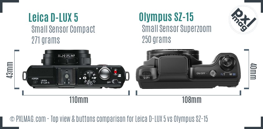 Leica D-LUX 5 vs Olympus SZ-15 top view buttons comparison