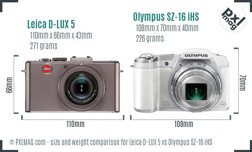 Leica D-LUX 5 vs Olympus SZ-16 iHS size comparison