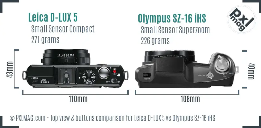Leica D-LUX 5 vs Olympus SZ-16 iHS top view buttons comparison