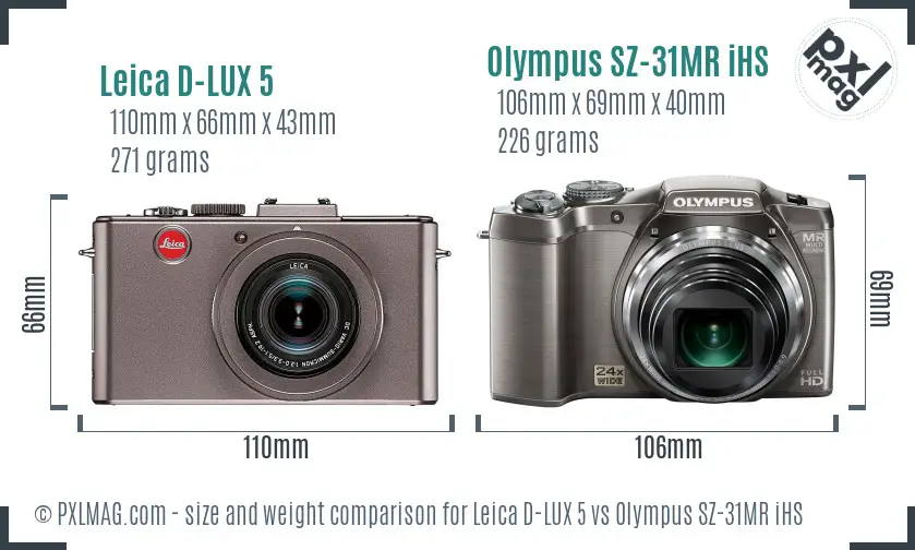 Leica D-LUX 5 vs Olympus SZ-31MR iHS size comparison