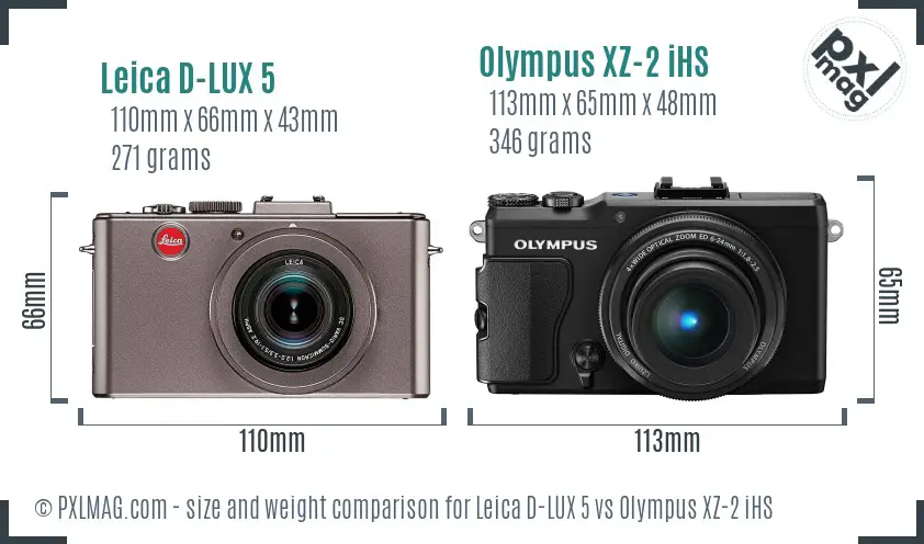 Leica D-LUX 5 vs Olympus XZ-2 iHS size comparison