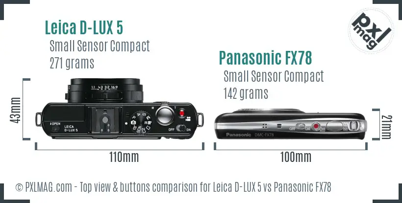 Leica D-LUX 5 vs Panasonic FX78 top view buttons comparison
